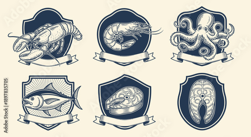 Vintage Seafood Emblems Set. Engraved Retro Collection of Lobster, Shrimp, Octopus, and Fish Steaks for Restaurant Logos, Badges, and Menu Design.