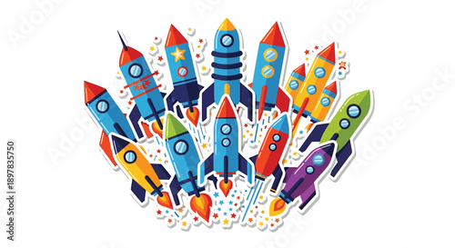colorful vector rockets illustration, for banner or poster, isolated on transparent background, png
