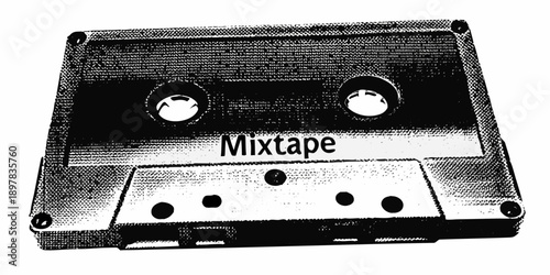 A vintage audio cassette tape labeled mixtape in black and white