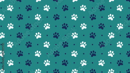 Seamless pattern with navy blue and white paw prints on a dark teal background. Cute animal footprint vector for pet shop branding, modern nursery wallpaper, and creative textile design