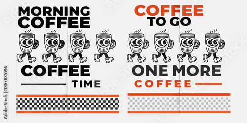 Coffee illustration with repeating patterns and text morning to go one more