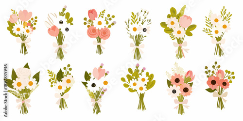 Colorful floral bouquets arranged in a grid showcasing various flower types