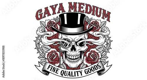 Old School Tattoo Skull Emblem. Gentleman Skeleton in Top Hat and Monocle with Red Roses, Vintage Banner, and Thorns. Retro Vector Art.