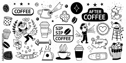 A whimsical collection of coffee themed doodles and illustrations in black and white
