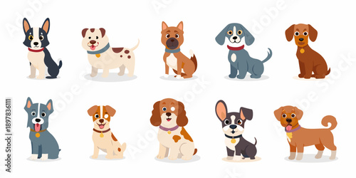 Cartoon illustration of ten different breeds of adorable puppies