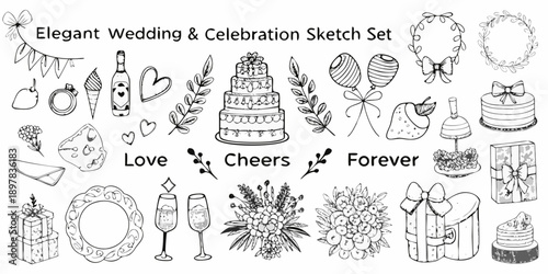 Hand drawn wedding elements sketch set cakes flowers and celebratory items
