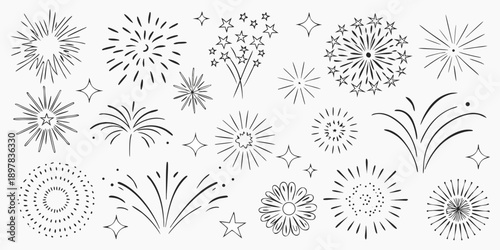 A collection of hand drawn firework sketches in black and white