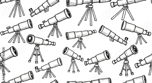 Line Art Telescopes in Space, Illustrated Design, Abstract Environment