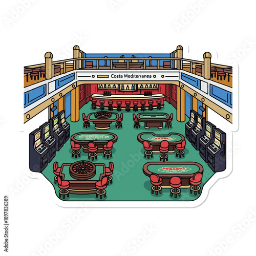 Casino interior illustration featuring poker tables and chairs in a vibrant green floor setting with multiple card tables and stools