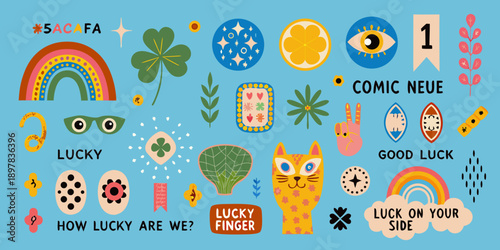Colorful illustration featuring lucky charms and whimsical text elements