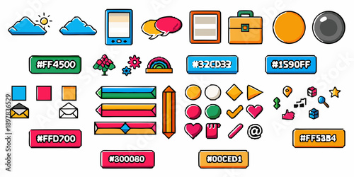 Colorful pixel art icons arranged in rows depicting various objects and symbols