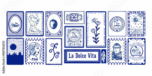 Collection of vintage blue and white decorative cards and postage stamps