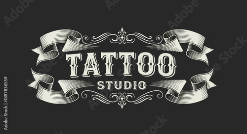 Vintage Tattoo Studio Logo Design Template with Engraved Banner and Victorian Ornaments on Black Background