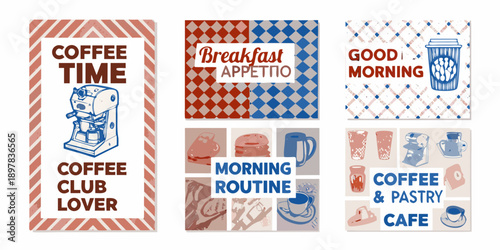 Colorful rectangular signs with coffee breakfast and morning themes