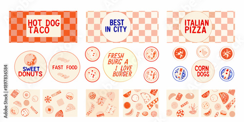 Colorful food icons and signs featuring hot dogs pizza and sweet treats