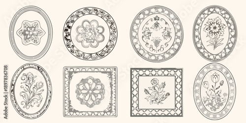Eight vintage floral frame designs in grayscale arranged in two rows