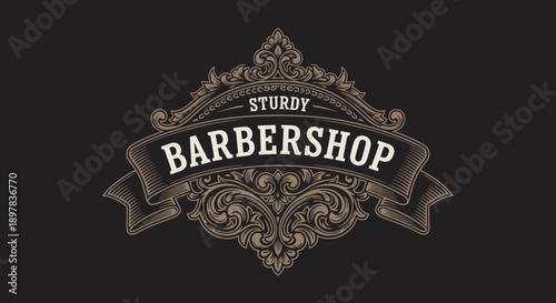 Ornate Vintage Barbershop Emblem Logo. Luxury Classic Style Badge Design with Detailed Scrollwork and Ribbon for Men's Grooming Establishment.