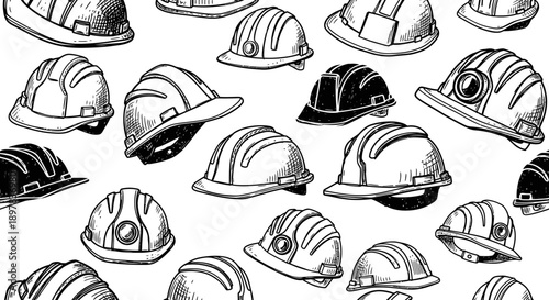 Safety Helmets Line Art Design in Industrial Setting Illustration