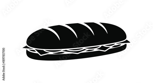 A minimalist black and white illustration depicts a sandwich with layered fillings between two slices of bread