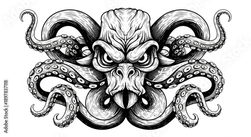 Fierce Kraken Octopus Monster Head Line Art Tattoo Design. Detailed Vintage Black and White Engraving Drawing.