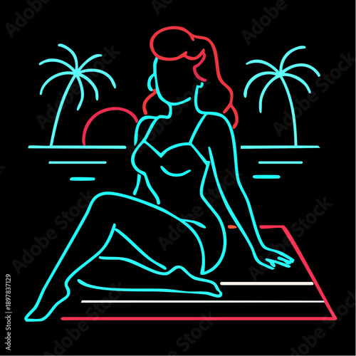 retro tanning salon neon beach sunset scene with seated figure and palm trees for retro summer branding and lifestyle design