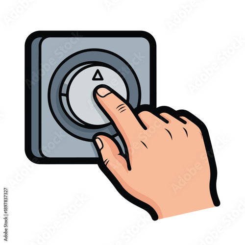 Hand adjusting a control switch on a gray panel with a circular dial and triangular indicator