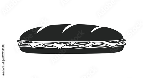 A simple black and white illustration depicts a long sandwich with visible layers of filling and bread
