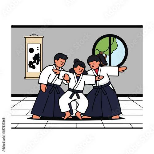 Three martial artists in karate uniforms practice a synchronized technique in a dojo with a serene atmosphere and a circular window