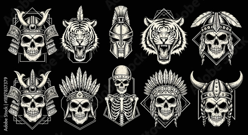 Monochrome Warrior Skulls and Tigers Vector Art Set. Tattoo Style Collection: Samurai, Spartan, Viking, Native Chief Mascot Designs.