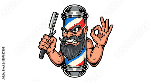 Aggressive Barber Mascot Emerging from Pole Holding Straight Razor. Vintage Cartoon Style Barbershop Logo Design.