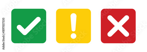 Set of flat square check mark, exclamation point, X mark icons, buttons isolated on a white background. vector illustration