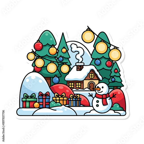 Snowman standing in winter landscape with Christmas trees and house illustration