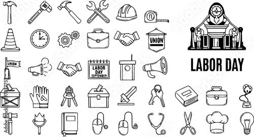 Labor Day Icons Set - Black and White Line Art Tools, Symbols, and Professions