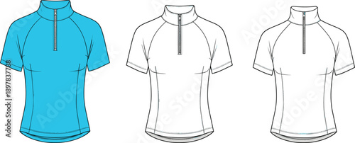 Women’s cycling jersey technical flat illustration with short sleeves, raglan seams, half zip mock neck, and sport fit