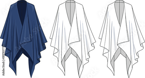 Women’s draped shawl cardigan poncho technical fashion flat, open front cape style outerwear front view illustration