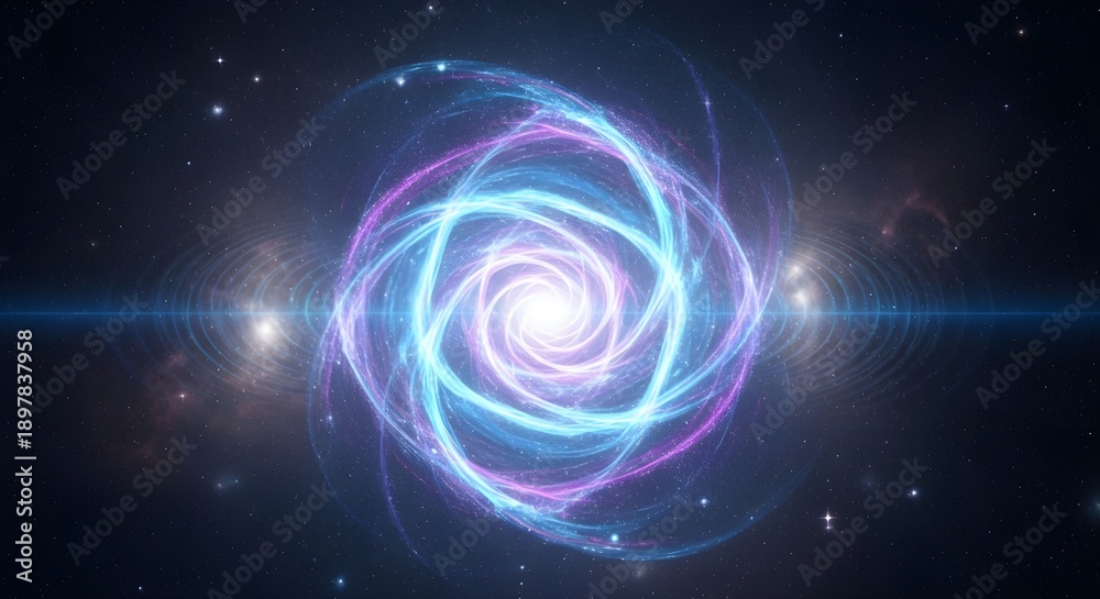 Fototapeta premium Sci-fi energy portal forming a glowing vortex in space with blue light rays. Symbolizes teleportation, dimensional travel, and advanced technology.