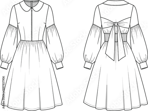 Women’s long sleeve midi dress technical fashion illustration with Peter Pan collar, gathered skirt, back bow detail, front and back views