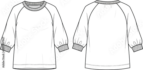 Women’s raglan sleeve sweatshirt technical fashion flat, front and back view three quarter sleeve casual pullover apparel illustration