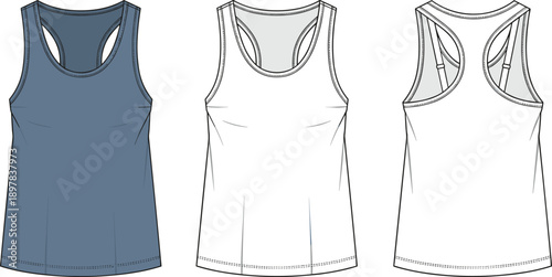 Women’s racerback tank top technical fashion illustration with scoop neckline, athletic fit, clean outline, front and back views