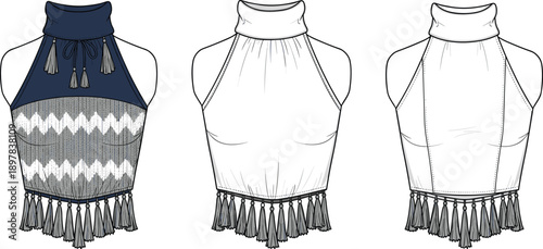 Women’s sleeveless halter top with tassel fringe technical fashion flat, front and back view boho blouse illustration