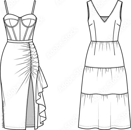 Women’s sleeveless midi dress technical fashion flat, front and back view fitted corset and tiered skirt apparel illustration