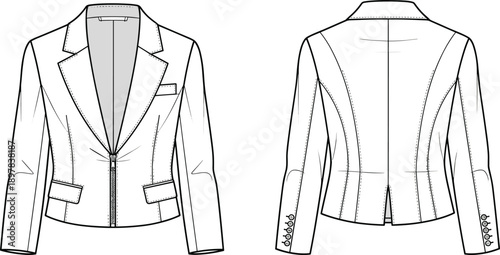 Women’s tailored blazer jacket technical fashion illustration with lapel collar zipper closure and front back views flat vector apparel design