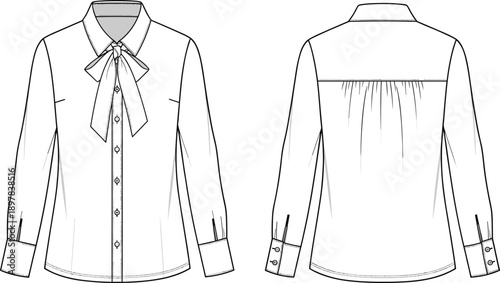 Women's Bow Tie Neck Blouse Technical Fashion Illustration with Front and Back Views, Long Sleeve Shirt Flat Sketch Design