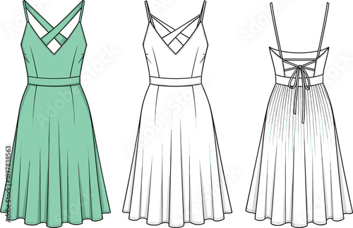 Women's Criss Cross Strap Midi Dress Technical Fashion Illustration with Front, Side and Back Views, Pleated Skirt Flat Sketch Design