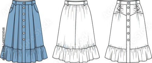 Women's Button Front Midi Skirt Technical Fashion Illustration with Front, Back and Detail Views, Ruffle Hem Skirt Flat Sketch Design