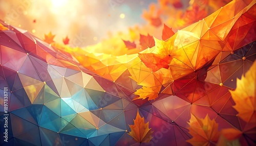 Artistic depiction of a fall scene with geometric shapes and leaves