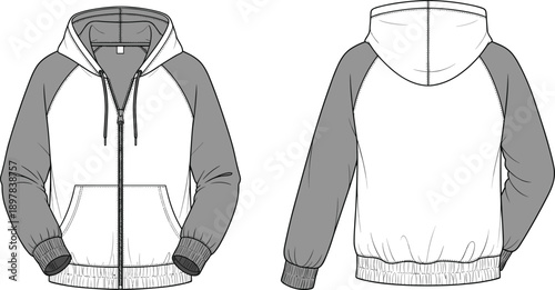 Zip up hoodie technical fashion flat sketch with front and back views, raglan sleeves, drawstring hood and pockets
