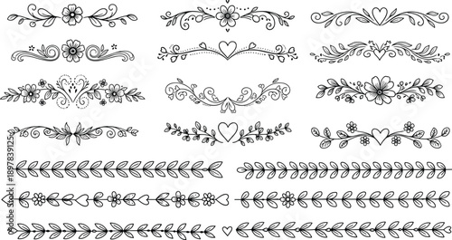 Hand Drawn Floral Dividers, Decorative Borders with Hearts and Flowers, Elegant Vine Ornaments, Wedding Invitation Design Elements, Sketchy Vector Illustrations