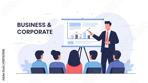 Business presentation with graphs and team meeting, corporate strategy illustration