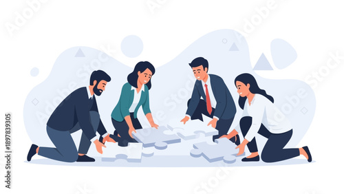 Teamwork puzzle collaboration, business people connecting pieces, unity and strategy concept